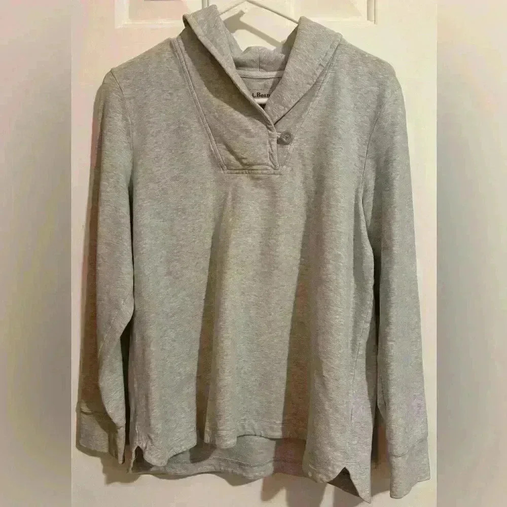 L.L. Bean Gray Pullover Sweater with Button Cowlneck Petite Medium